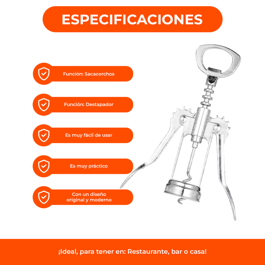 Destapador Sacacorcho Brazos De Acero Doble Aleta Manual