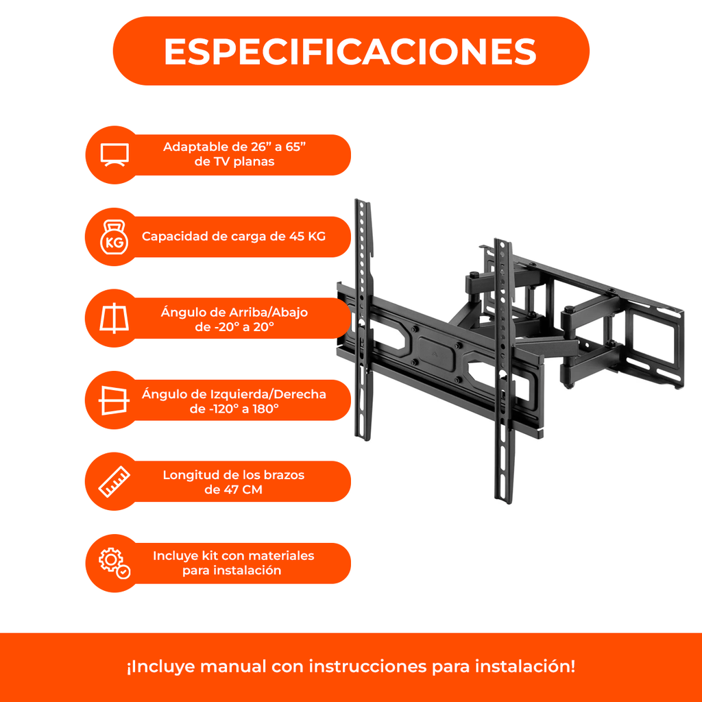 Soporte Led Tv Lcd Smart Articulado Doble Brazo Reforzado 23 A 60 Pulgadas